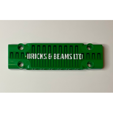 green technic panel plate 3 x 11 x 1 with white âbricks beams ltdâ and black lines pattern sticker - set 42052