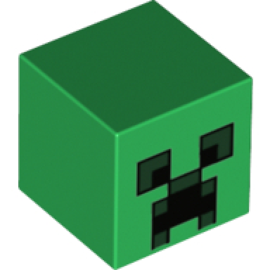 green minifigure head modified cube with pixelated black and dark green eyes and open mouth frown pattern minecraft creeper