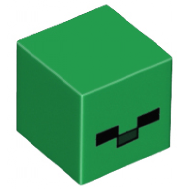 green minifigure head modified cube with pixelated black eyes and dark green nose pattern minecraft zombie