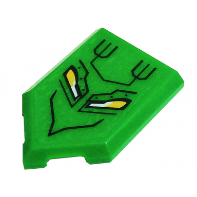 green tile modified 2 x 3 pentagonal with black mouth lines metal plates with rivets bright light orange and white eyes pattern sticker - set 76175