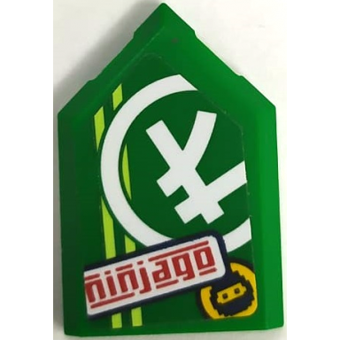 green tile modified 2 x 3 pentagonal with red ninjago ninjago logogram letter l ninja head in circle and yellowish green stripes pattern sticker - set 71709