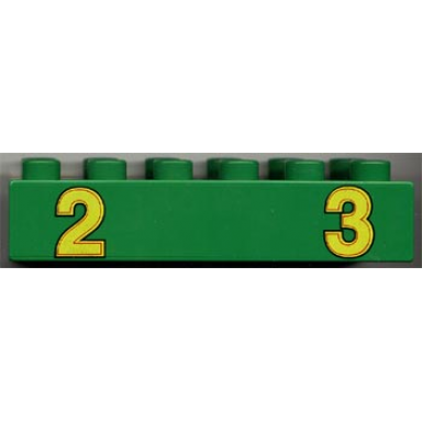 green duplo brick 2 x 6 with yellow numbers 2 and 3 pattern