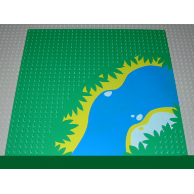 green baseplate 32 x 32 with 7-stud road curve with blue river green plants and yellow sand banks pattern