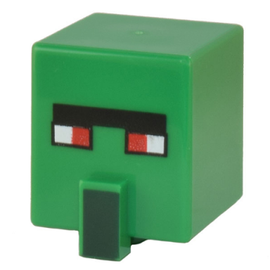 green minifigure head modified cube tall with raised rectangle with pixelated black unibrow red eyes and dark green nose pattern minecraft zombie villager