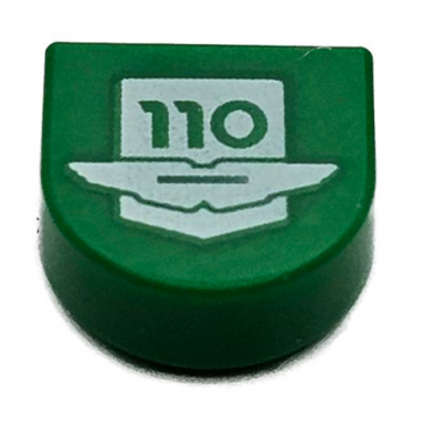 green tile round 1 x 1 half circle extended with white aston martin logo and 110 pattern