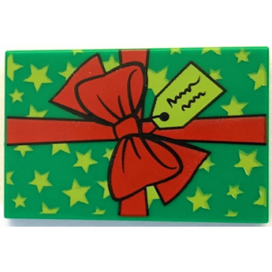 green tile 2 x 3 with present gift with red ribbon with bow lime tag and stars pattern bam