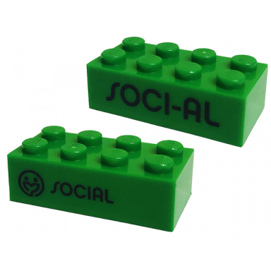 green brick 2 x 4 with black social and soci-al pattern on opposite sides play day 2019