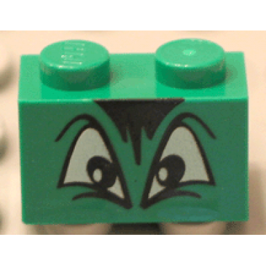 green brick 1 x 2 with black and white angry eyes and black hair pattern