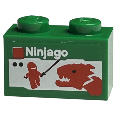 green brick 1 x 2 with lego ninjago set box art red ninja minifigure silhouette with black sword dragon head pattern sticker - sets 40145 40305 and gear 40359