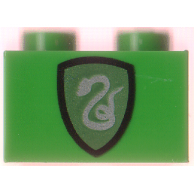 green brick 1 x 2 with hp slytherin shield pattern