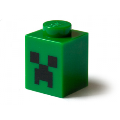 green brick 1 x 1 with pixelated black eyes and open mouth frown pattern minecraft creeper face