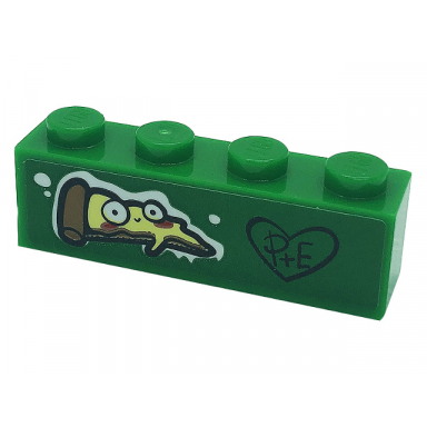 green brick 1 x 4 with pizza slice with eyes black heart with p e pattern sticker - set 41379