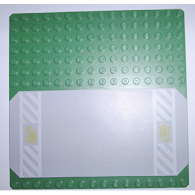 green baseplate road 16 x 16 with light gray driveway white danger stripes and yellow trucks pattern