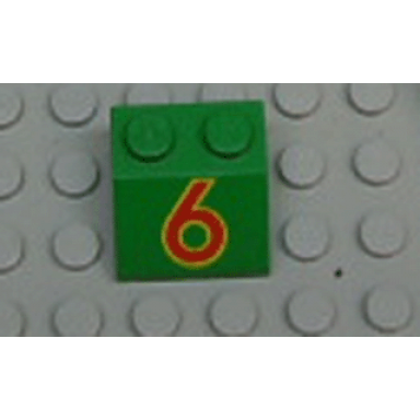 green slope 45 2 x 2 with red number 6 with yellow outline pattern