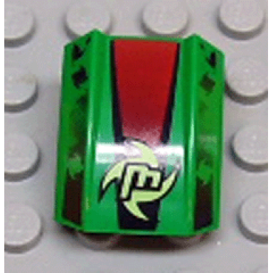 green slope curved 2 x 2 lip with neon green stylized letter m and swirl on black and red stripe pattern