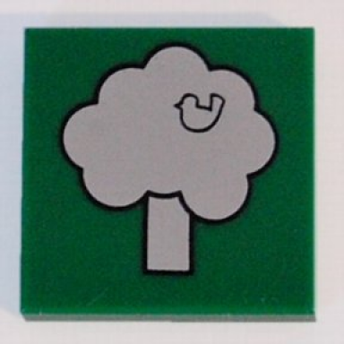 green tile 2 x 2 with white tree with bird pattern