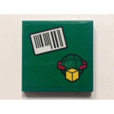 green tile 2 x 2 with barcode and box and arrows and globe on green background pattern sticker - set 60101