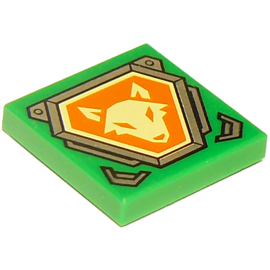 green tile 2 x 2 with bright light yellow fox head on orange hexagonal shield with silver border pattern