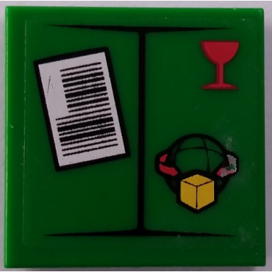 green tile 2 x 2 with white shipping label red cup globe with arrows and parcel pattern sticker - set 60022