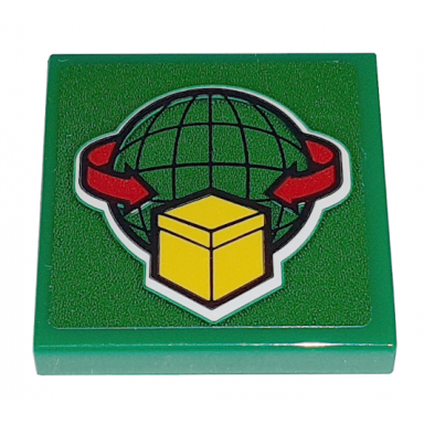 green tile 2 x 2 with box and arrows and globe on green background pattern sticker - set 60198