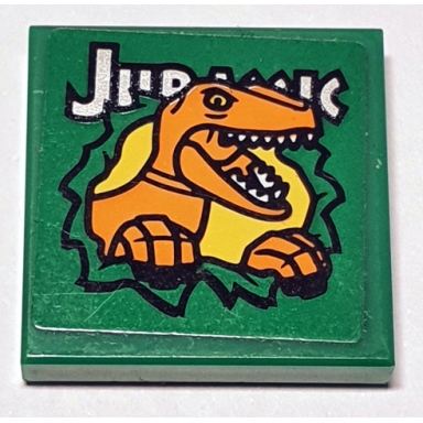 green tile 2 x 2 with jurassic and velociraptor breaking through wall on green background pattern sticker - set 75934