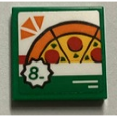 green tile 2 x 2 with pepperoni pizza and number 8 in starburst pattern sticker - set 60380
