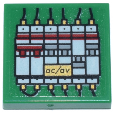 green tile 2 x 2 with red white and light bluish gray circuit breakers black wires and gold panel with black ac av pattern sticker - set 76218