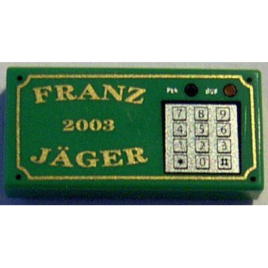 green tile 1 x 2 with gold franz jäger 2003 and silver numeric keypad pattern