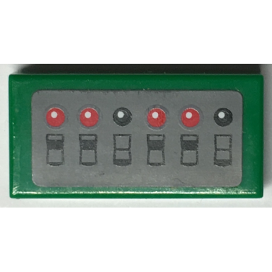 green tile 1 x 2 with black switches and red lights on dark bluish gray background pattern sticker - sets 7781 7787
