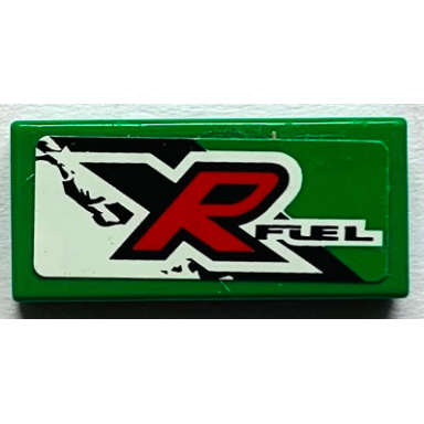green tile 1 x 2 with black red and white xr fuel pattern model left side sticker - set 8184
