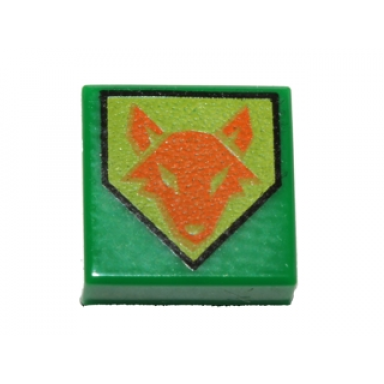 green tile 1 x 1 with orange fox head on lime pentagonal shield pattern