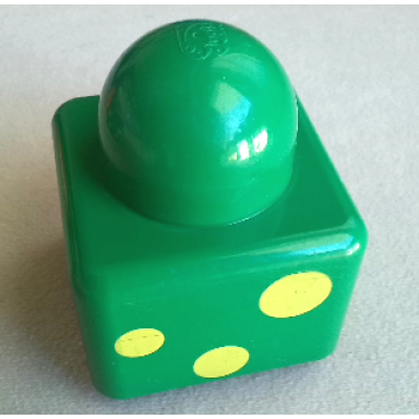 green primo brick 1 x 1 with 3 yellow spots pattern