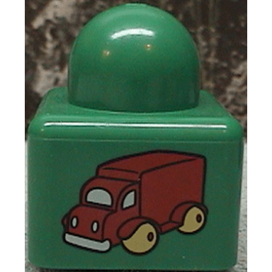 green primo brick 1 x 1 with red truck on opposite sides pattern