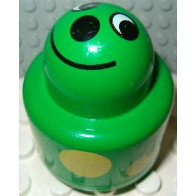 green primo brick round rattle 1 x 1 with face and yellow spots pattern
