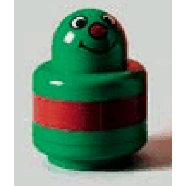 green primo brick round rattle 1 x 1 with face and red stripe pattern