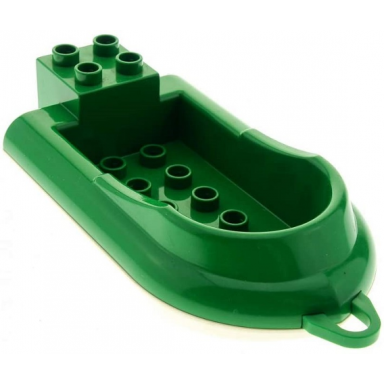 green duplo boat curved front with raised lip 2 x 5 studs inside with same color tow loop and white bottom