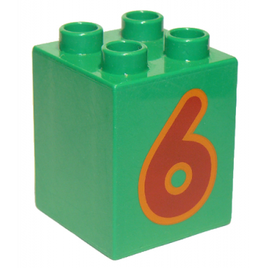 green duplo brick 2 x 2 x 2 with number 6 red pattern