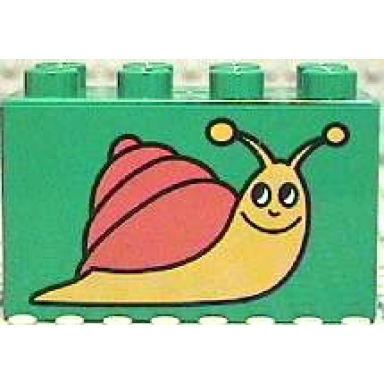 green duplo brick 2 x 4 x 2 with snail pattern