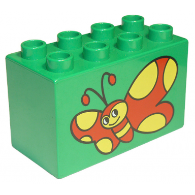 green duplo brick 2 x 4 x 2 with red butterfly with yellow spots pattern