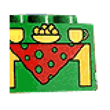 green duplo brick 2 x 4 x 2 with yellow table and red cloth pattern