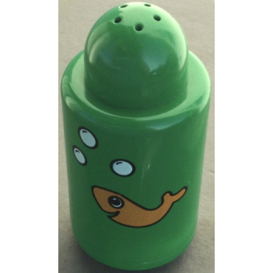 green primo brick round 1 x 1 x 2 with shaker top with fish and bubbles pattern
