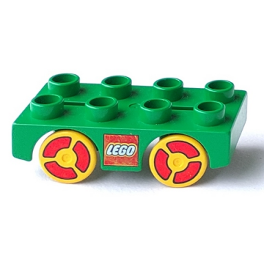 green duplo car base 2 x 4 with yellow wheels with lego logo and red on wheels pattern