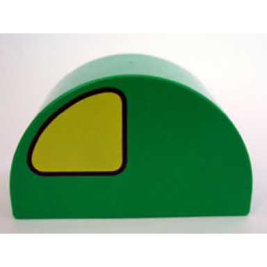 green duplo brick 2 x 4 x 2 slope curved double with yellow quarter circle pattern on both sides