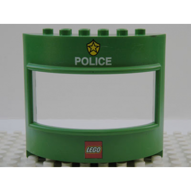 green duplo wall with window 3 x 8 x 6 round with lego logo and police pattern