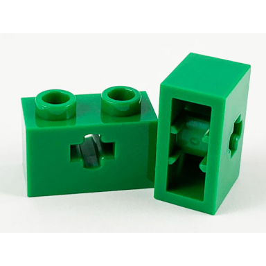 green technic brick 1 x 2 with axle hole and inside side supports