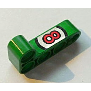 green technic liftarm modified bent thick l-shape 2 x 4 with red number 8 in white circle pattern sticker - set 8236