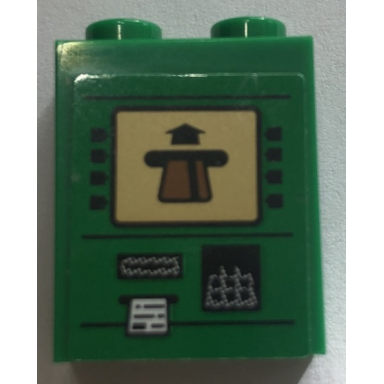 green brick 1 x 2 x 2 with inside stud holder with atm machine screen with card keypad and receipt pattern sticker - set 60140