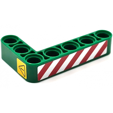 green technic liftarm modified bent thick l-shape 3 x 5 with red and white danger stripes and black exclamation mark in danger triangle pattern model left side stickers - set 42080