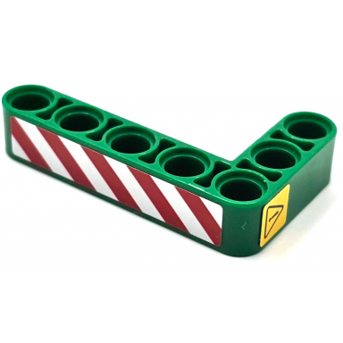 green technic liftarm modified bent thick l-shape 3 x 5 with red and white danger stripes and black exclamation mark in danger triangle pattern model right side stickers - set 42080