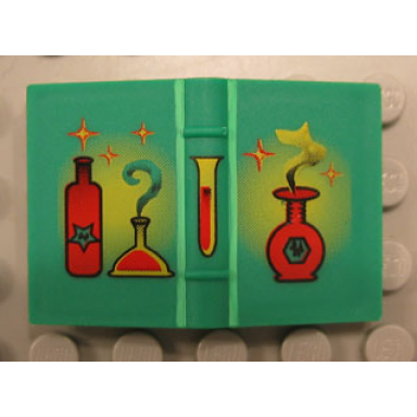green minifigure utensil book 2 x 3 with red and yellow bottles flasks and sparkles pattern